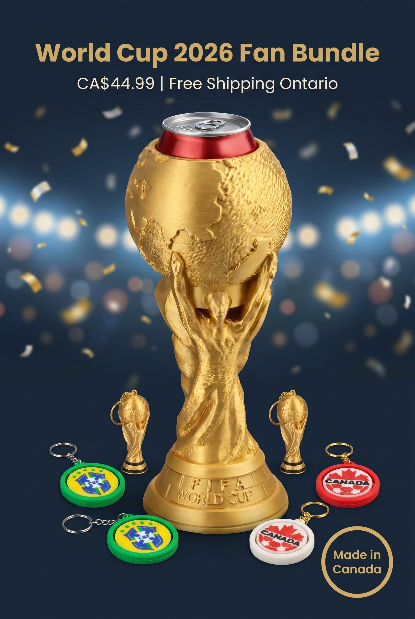 World Cup 2026 Fan Bundle — Trophy Can Holder + Trophy Keychain + Spinner Keychain | Made in Canada