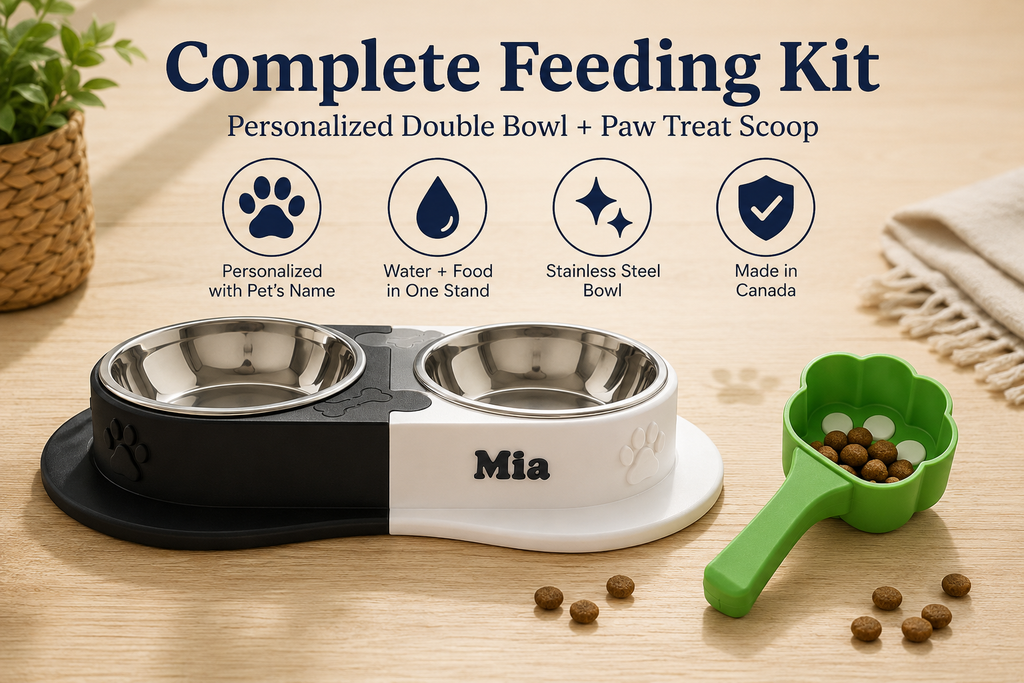 Complete Feeding Kit — Personalized Double Bowl + Paw Treat Scoop | 3D Printed | Made in Canada