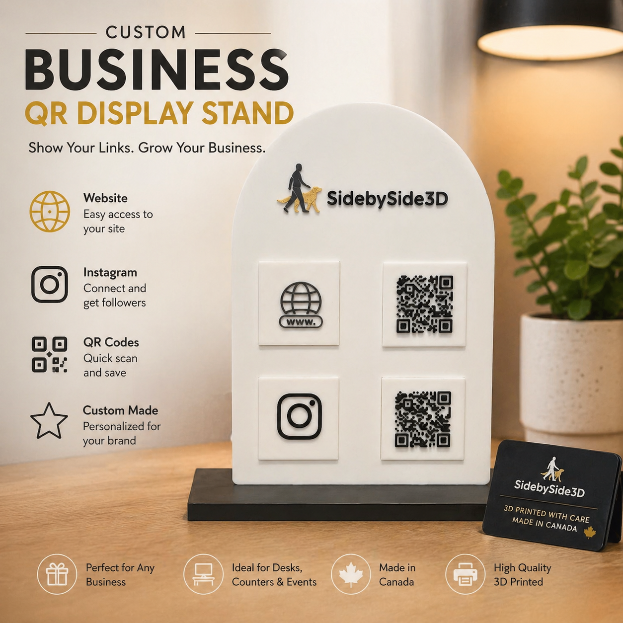 Custom QR Display Stand for Business — Logo, QR Codes & Social Links | Made in Canada