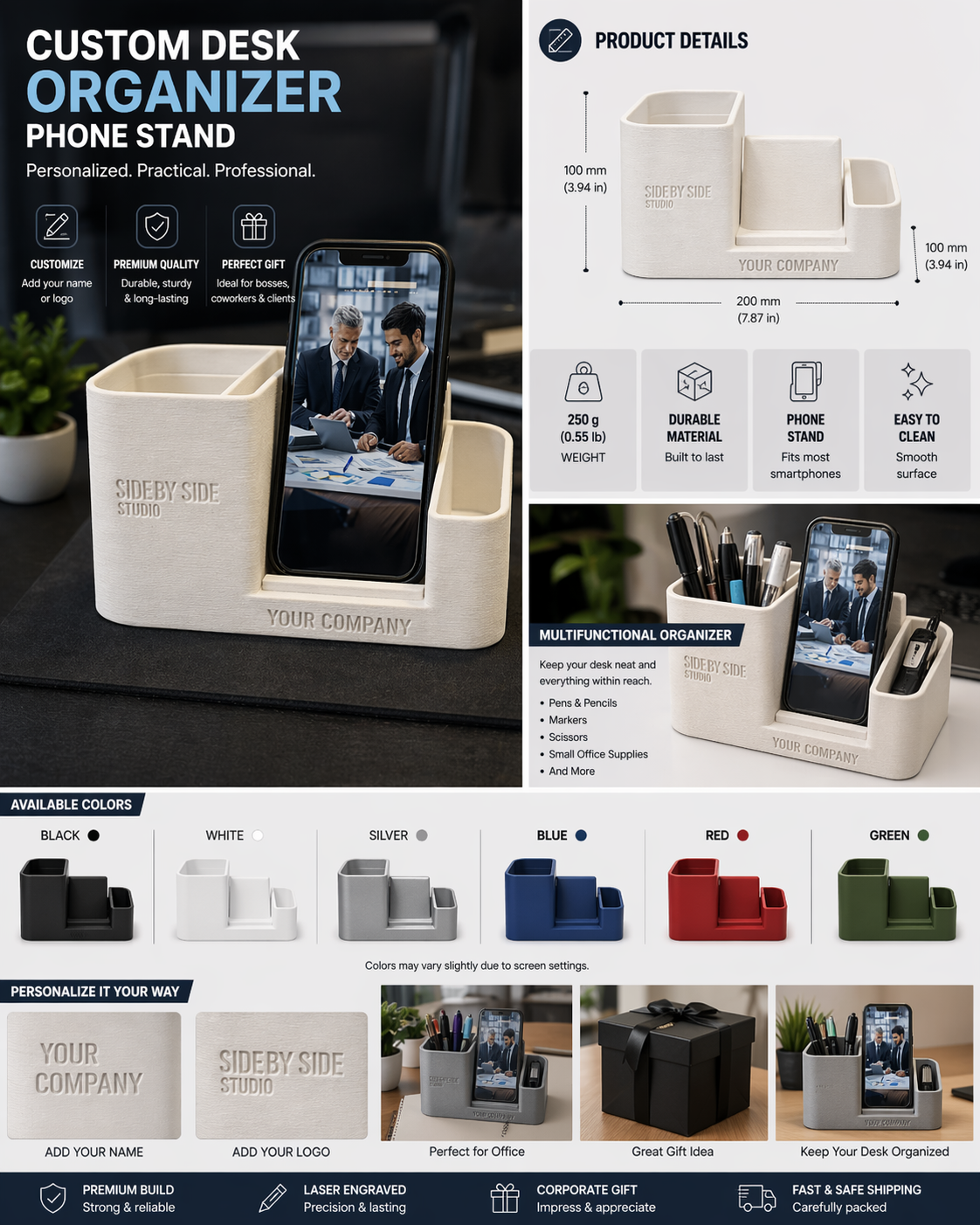 Custom Desk Organizer Phone Stand – Personalized Business Gift