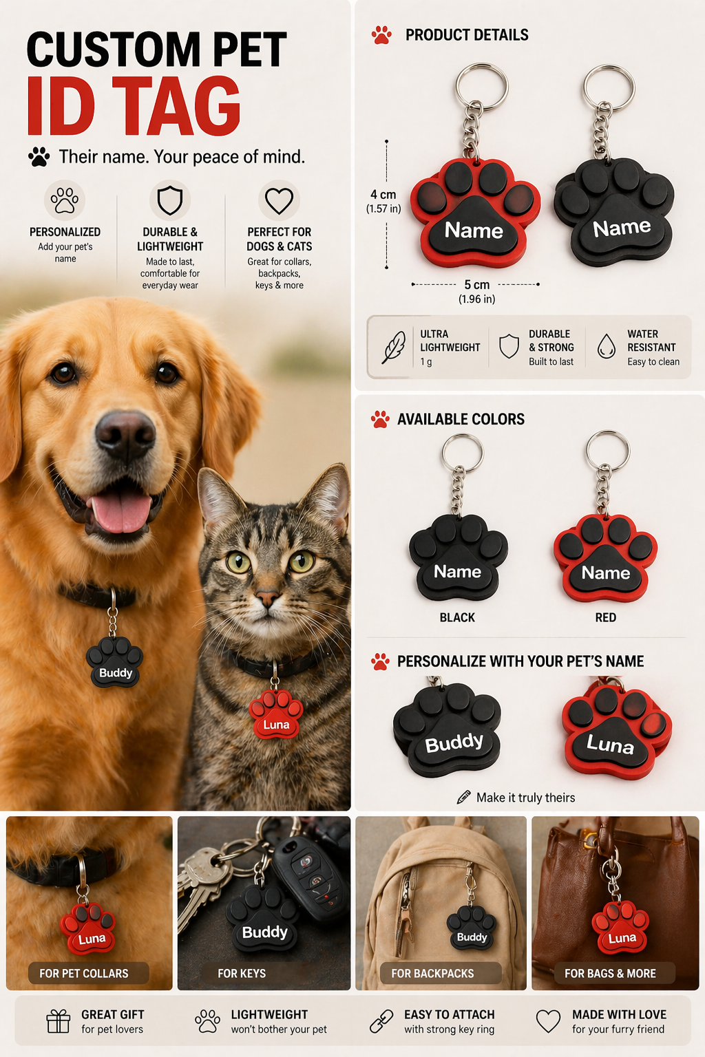 Custom Paw Print Pet Tag – Personalized Name Keychain for Dogs & Cats
