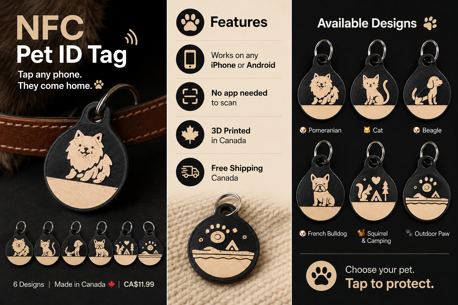 NFC Pet ID Tag — 6 Designs | 3D Printed | Tap to Scan | Made in Canada