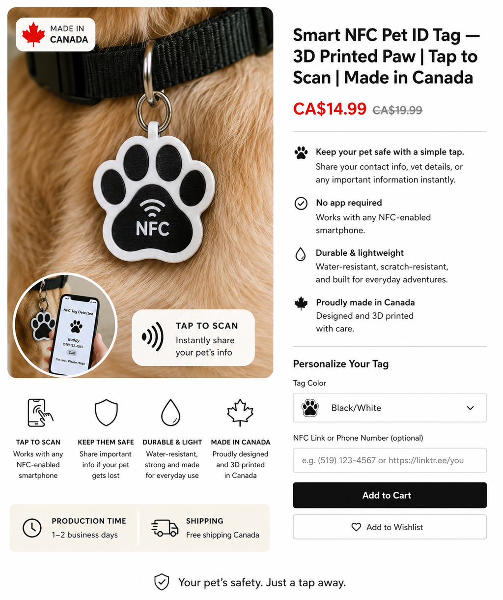 Smart NFC Pet ID Tag — 3D Printed Paw | Tap to Scan | Made in Canada
