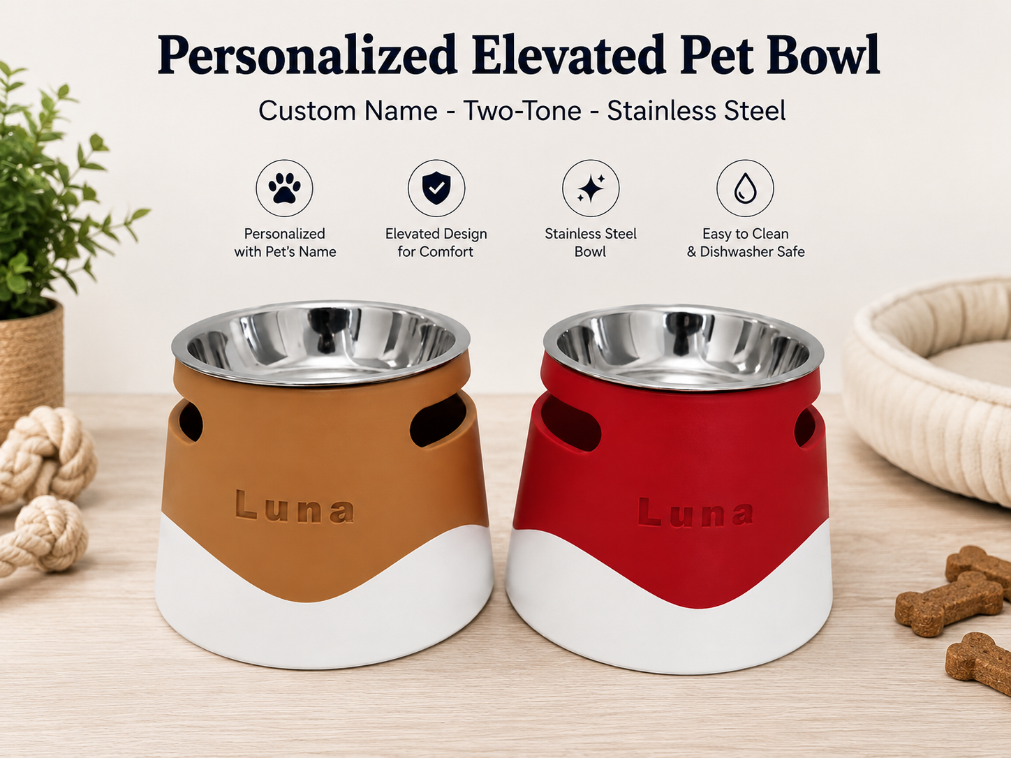 Personalized Elevated Pet Bowl - Custom Name - Two-Tone - Stainless Steel