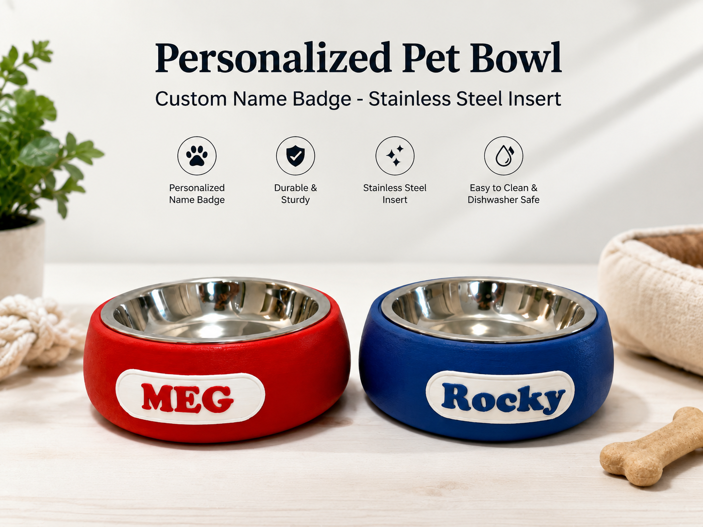 Personalized Pet Bowl — Custom Name Badge │ 3D Printed │ Stainless Steel Insert │ Made in Canada