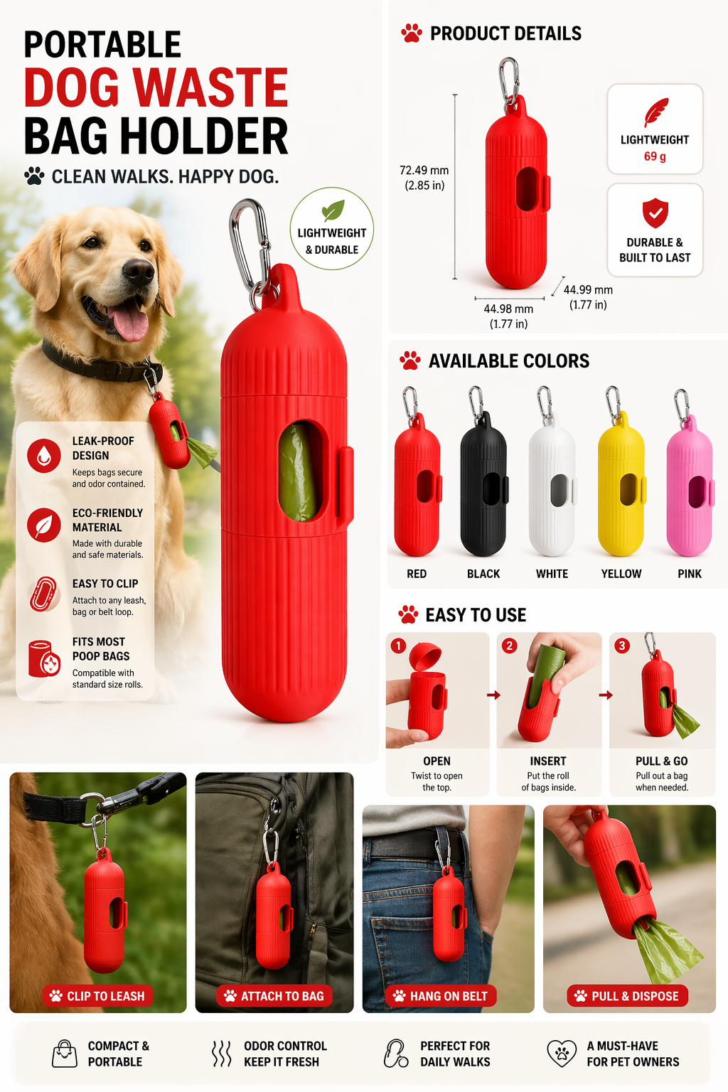 Portable Dog Waste Bag Holder – 3D Printed Pet Poop Bag Dispenser for Walks