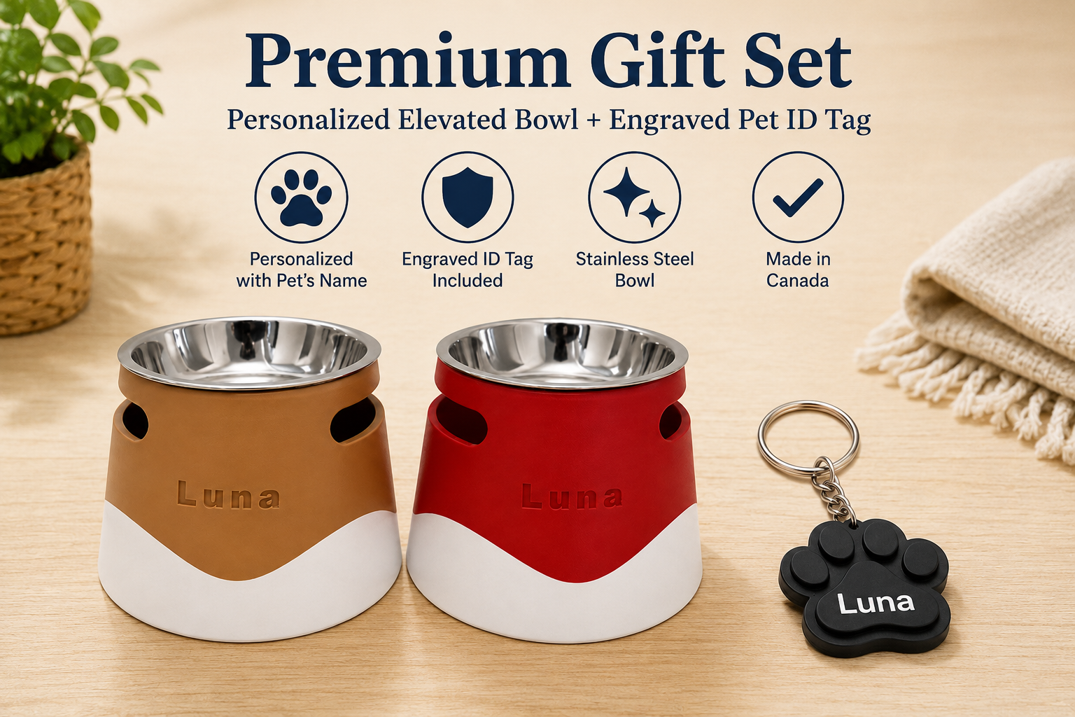 Premium Gift Set — Personalized Elevated Bowl + Engraved Pet ID Tag | 3D Printed | Made in Canada