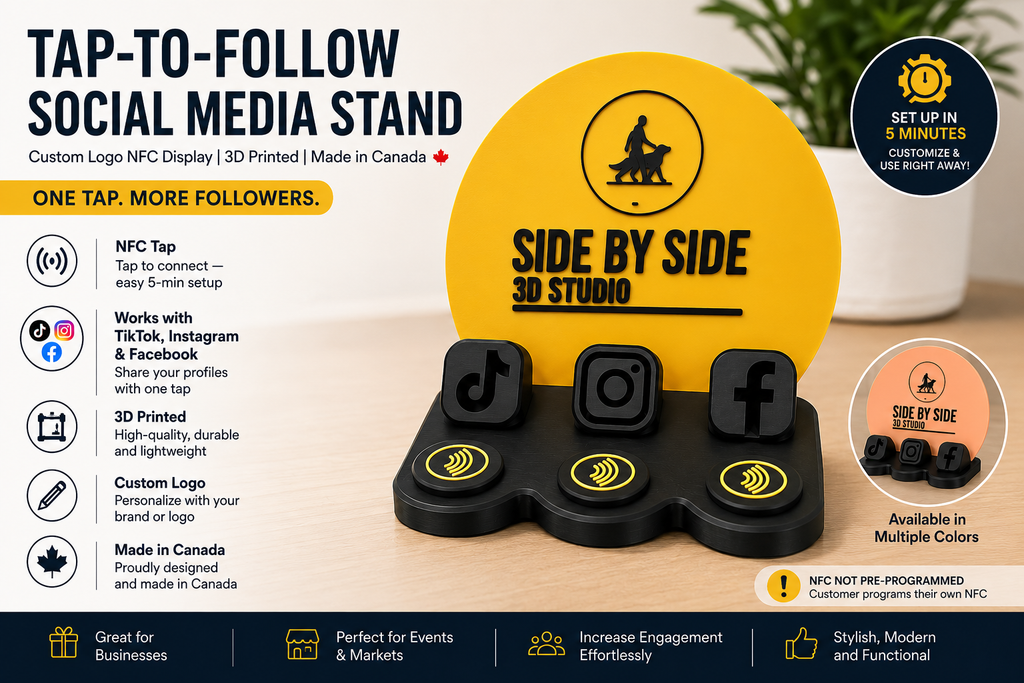 Tap-to-Follow Social Media Stand — Custom Logo NFC Display | 3D Printed | Made in Canada