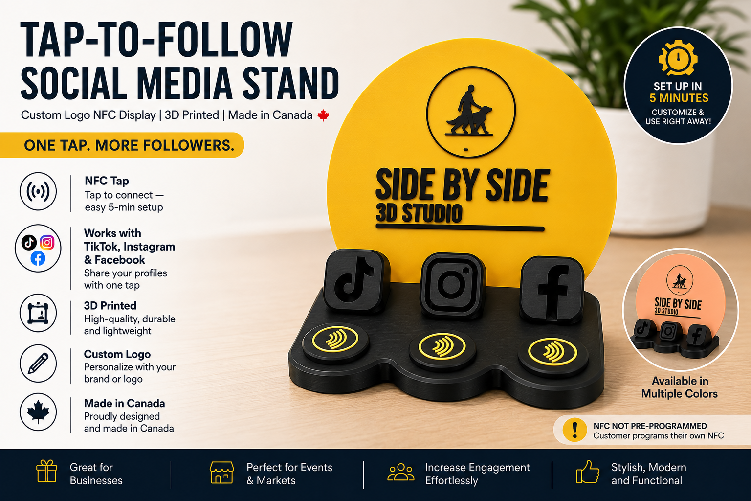 Tap-to-Follow Social Media Stand — Custom Logo NFC Display | 3D Printed | Made in Canada