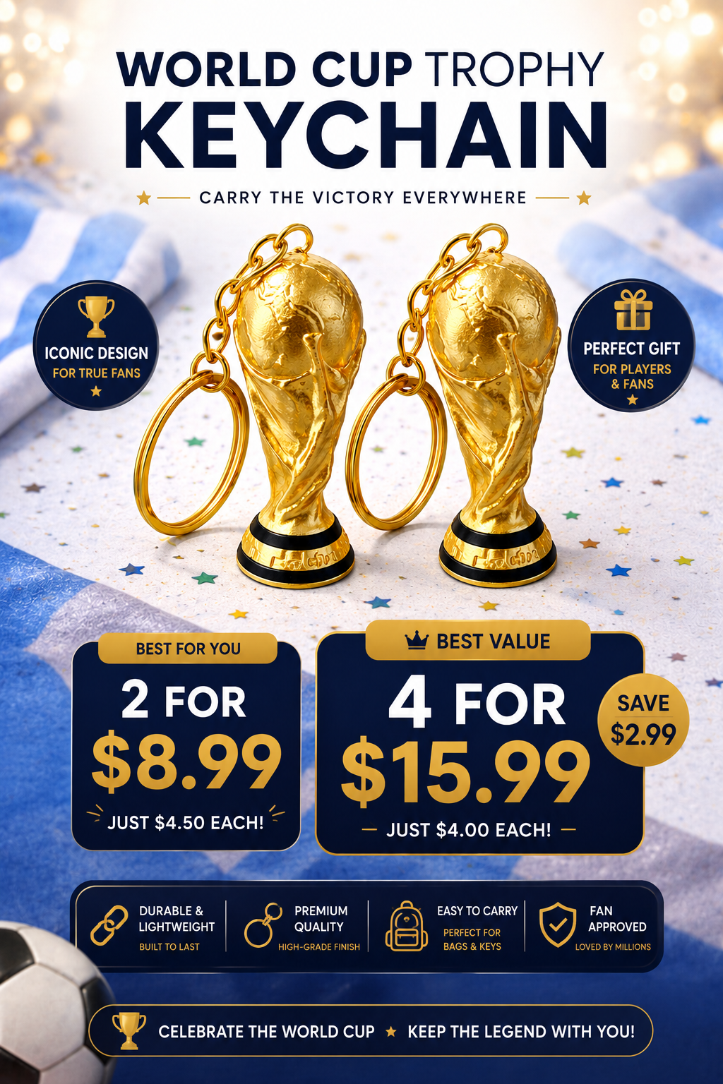 World Cup Trophy Keychain 2026 — 3D Printed Golden Edition | FIFA Fan Gift | Pack of 2 or 4
